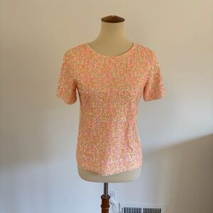 J. Crew Womens T-Shirt Pink/Orange/Beige Sequin Front Short Sleeve Cotton Sz XS